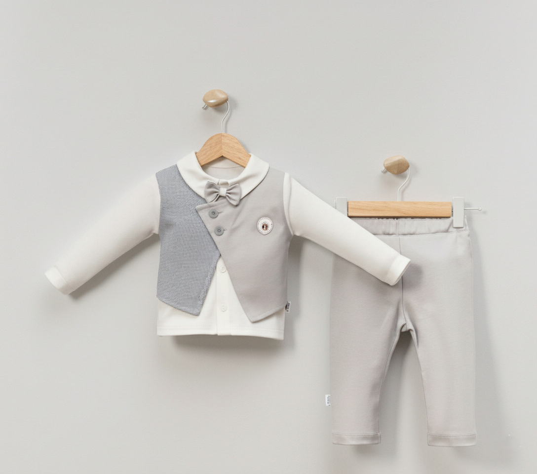 Light Gray Formal Baby Outfit – Two-Piece Set with Bow Tie, Vest Overlay & Emblem Detail