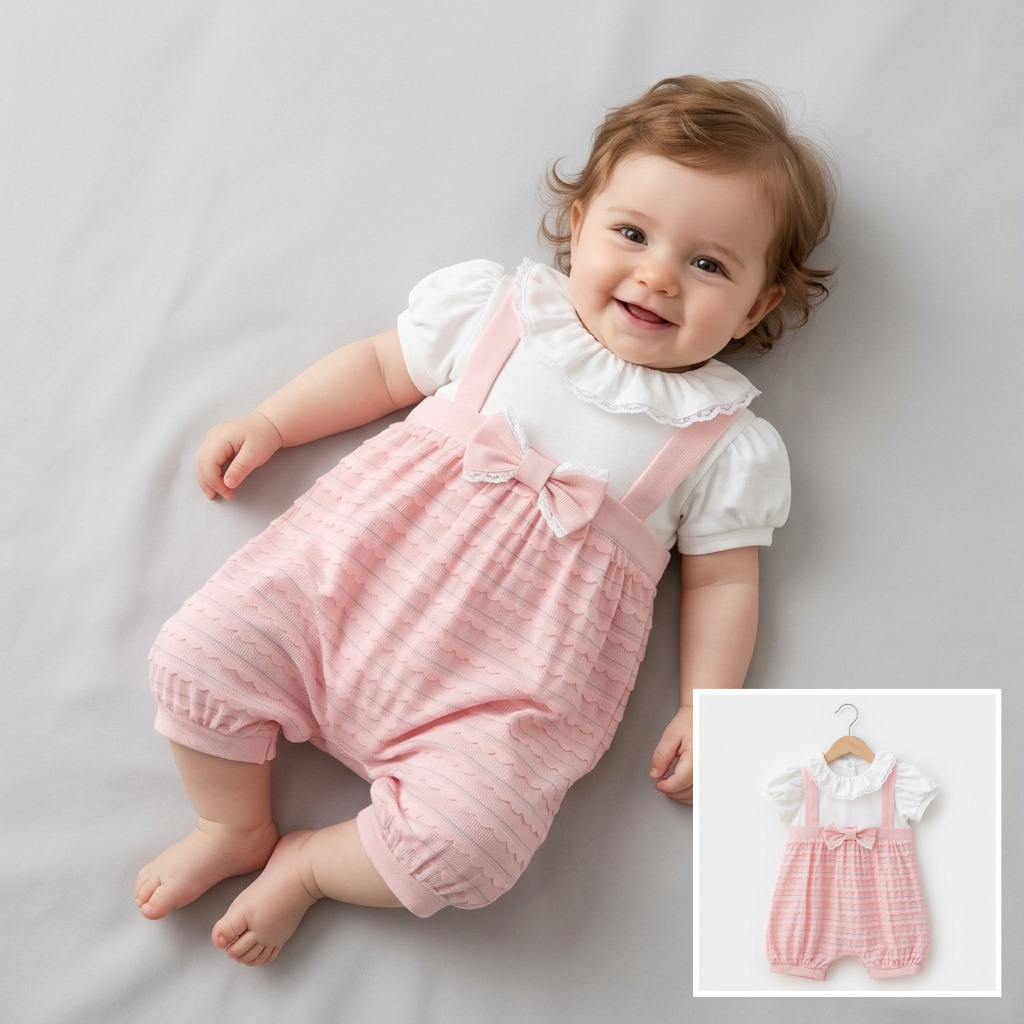 “Rosette Whispers” Baby Romper Set – Lace Collar & Bow Detail