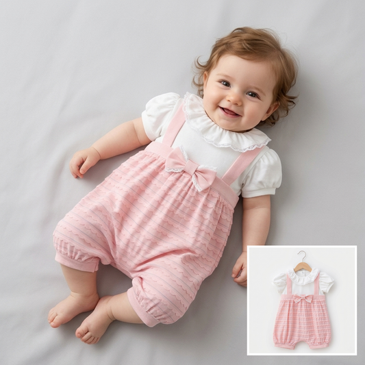 “Rosette Whispers” Baby Romper Set – Lace Collar & Bow Detail