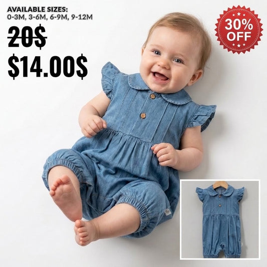 “Bluebell Charm” Baby Denim Romper – Ruffle Sleeve & Button Detail