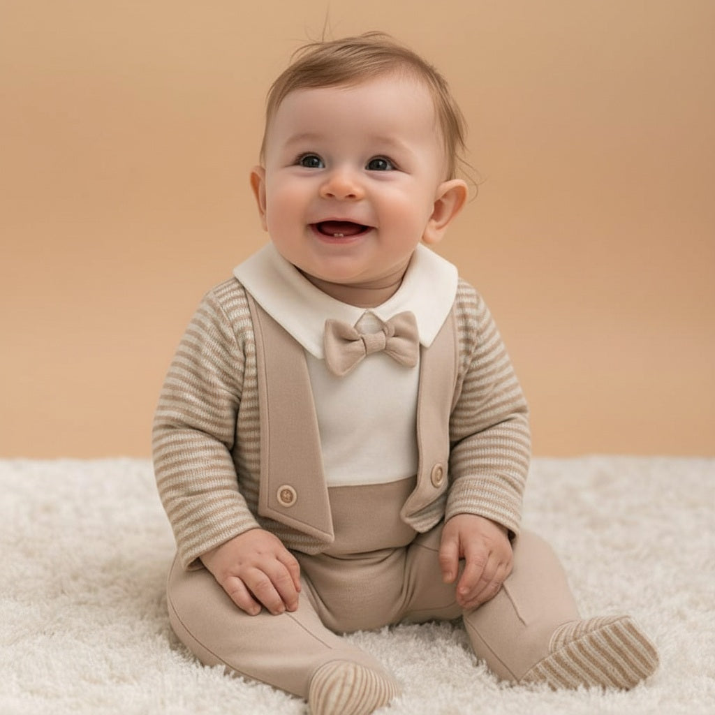 Beige & White Baby Romper – Formal One-Piece Suit with Bow Tie, Striped Lapels & Footed Design