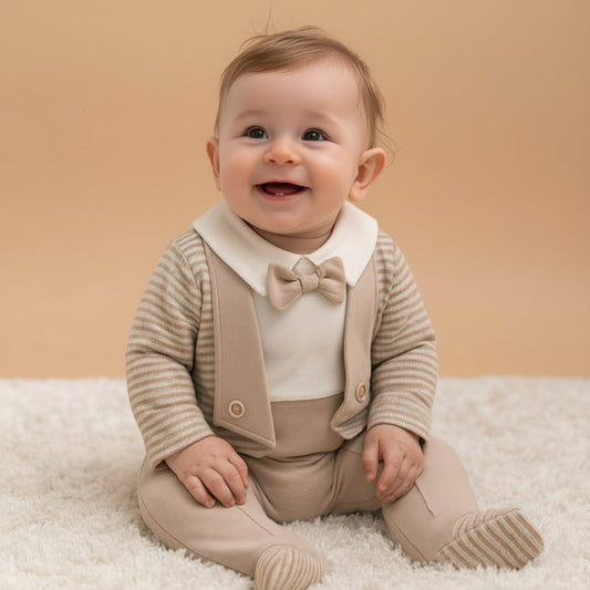 Beige & White Baby Romper – Formal One-Piece Suit with Bow Tie, Striped Lapels & Footed Design