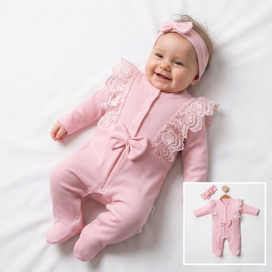 “Bow Blossom” Baby Onesie Set – Pink Lace & Headband