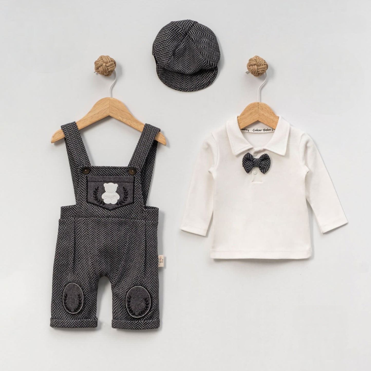 Baby Boy Formal Outfit Set – Herringbone Overalls, Bow Tie Polo Shirt & Cap with Bear Details
