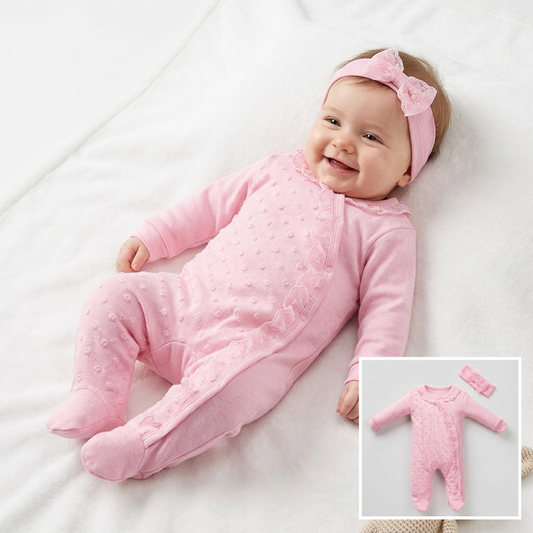 “Rosebud Whispers” Baby Onesie Set – Pink with Headband
