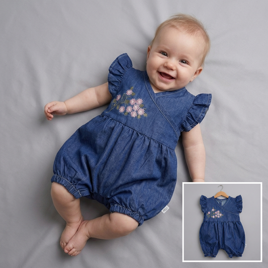 Denim Blossom Charm – Baby Girl Romper