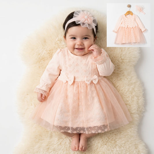 Peach Lace Baby Dress with Headband – Elegant Infant Outfit