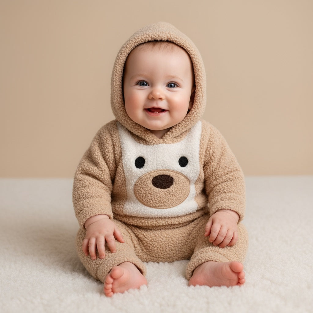 Beige Plush Bear Baby Outfit – Hooded Sweatshirt & Pants Set for Cozy Winter Comfort