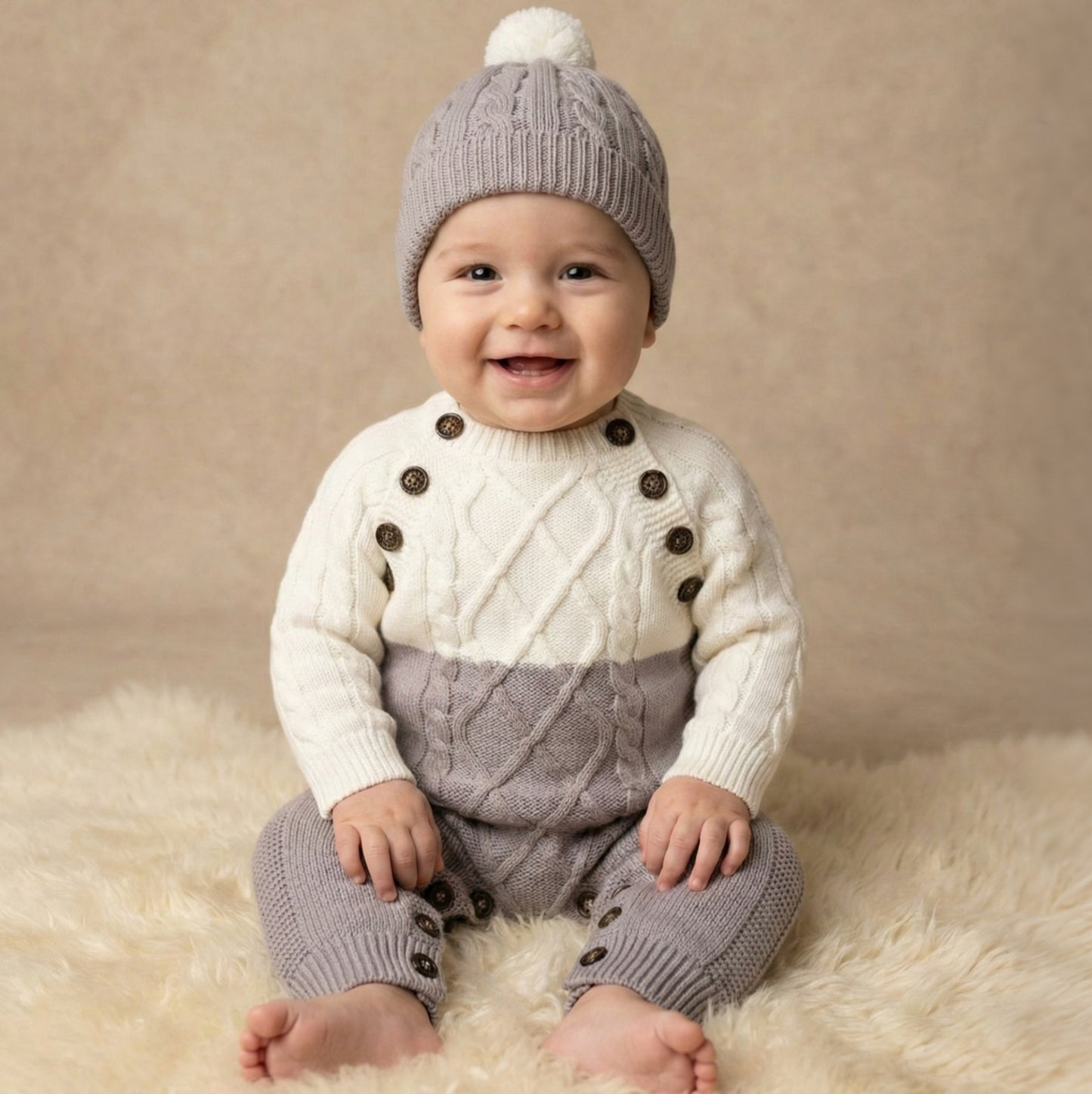Two-Tone Cable Knit Baby Romper – White & Gray Bodysuit with Pom-Pom Hat and Button Accents