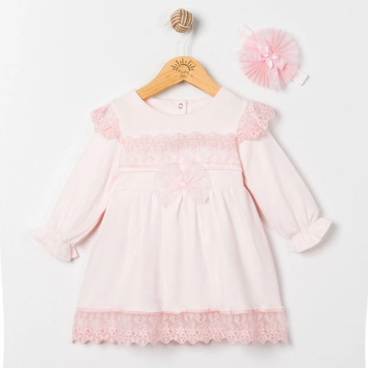 Pink Lace Baby Dress with Headband