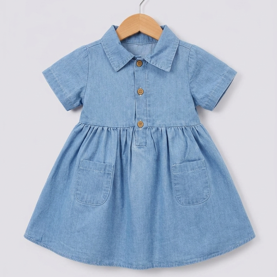 “Skyline Grace” Baby Denim Dress – Button Front & Pocket Detail