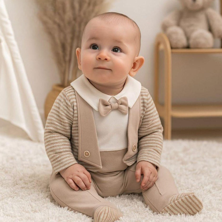 Beige & White Baby Romper – Formal One-Piece Suit with Bow Tie, Striped Lapels & Footed Design