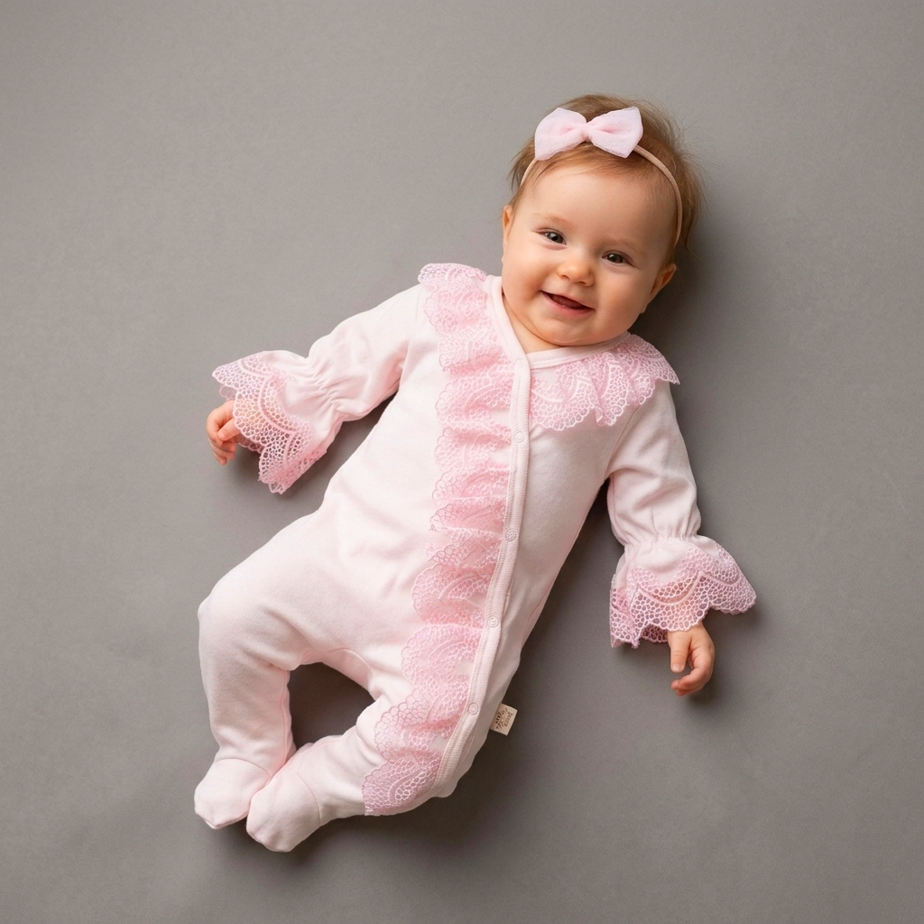Pink Lace Baby Romper with Headband