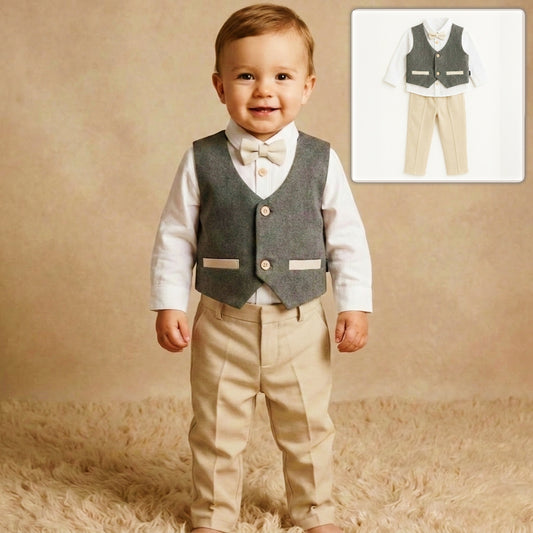 Grey & Beige Toddler Formal Outfit – 4-Piece Set