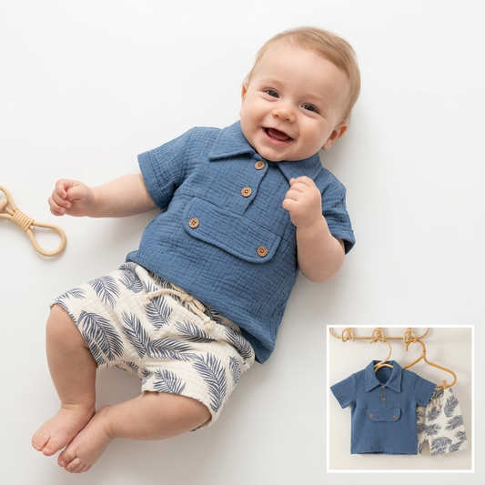 “Seaside Breeze” Baby Summer Set – Textured Shirt & Leaf Shorts