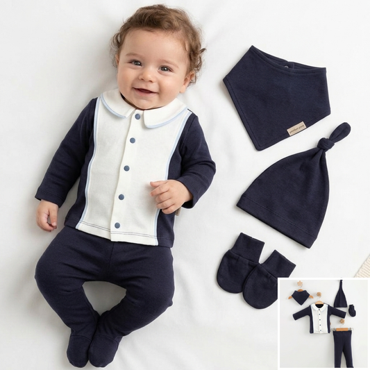 5 Pcs Cotton Baby Gift Set – Navy & White Ensemble