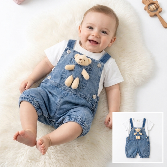 “Bear Buddy” Baby Overall Set – Denim & Tee with Plush Friend