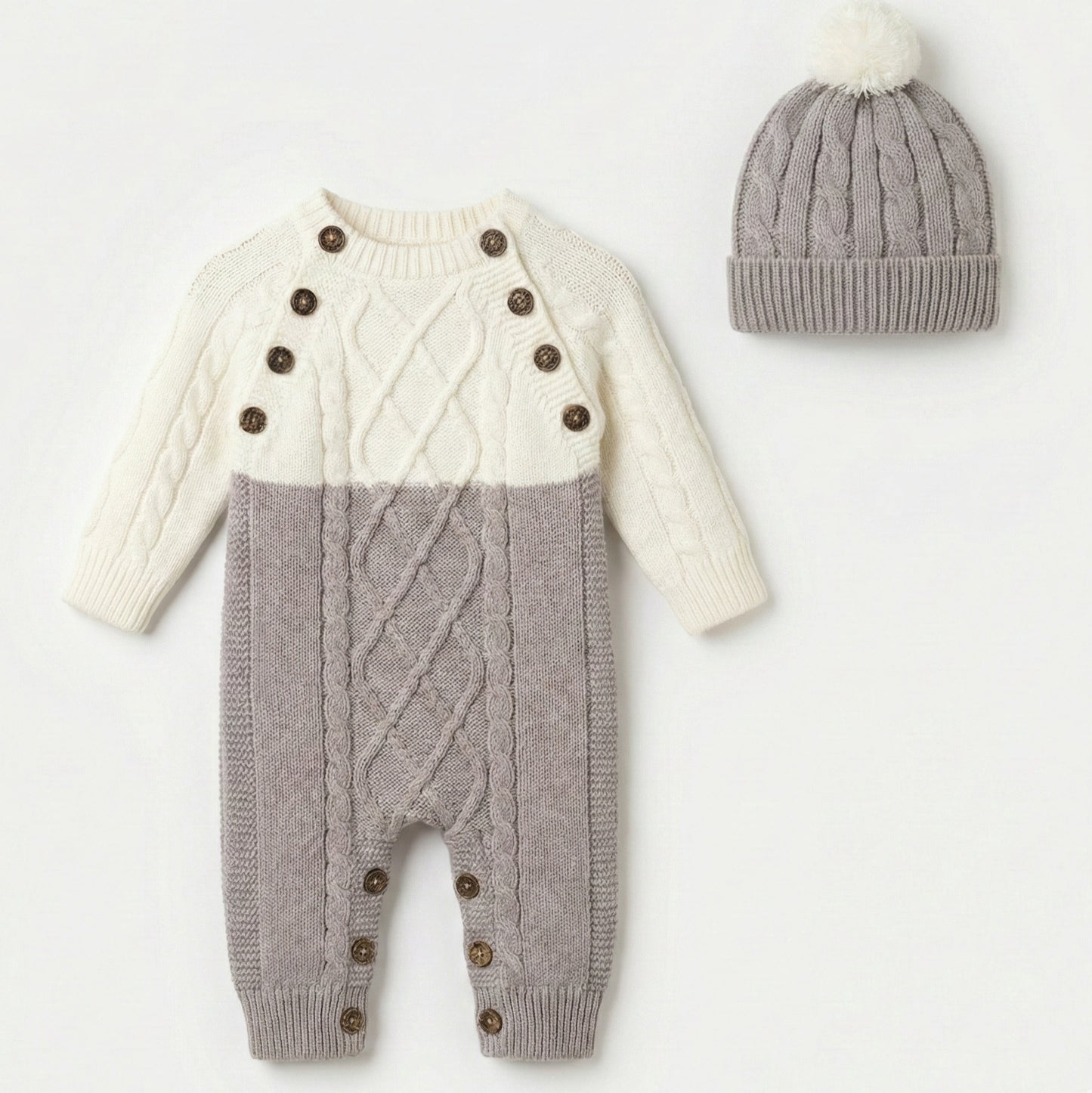 Two-Tone Cable Knit Baby Romper – White & Gray Bodysuit with Pom-Pom Hat and Button Accents