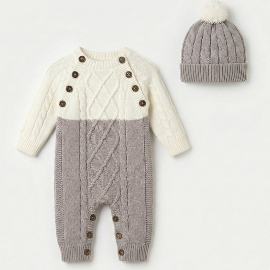 Two-Tone Cable Knit Baby Romper – White & Gray Bodysuit with Pom-Pom Hat and Button Accents