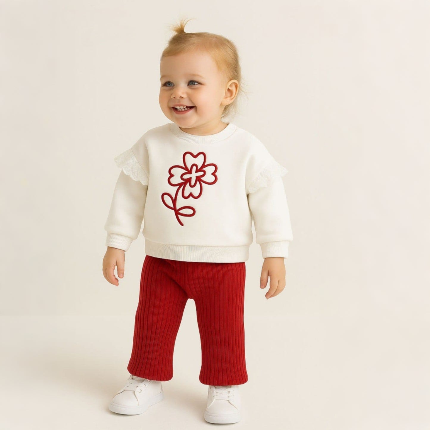 Red & White Baby Girl Outfit – Floral Sweatshirt with Lace Detail & Ribbed Pants Set