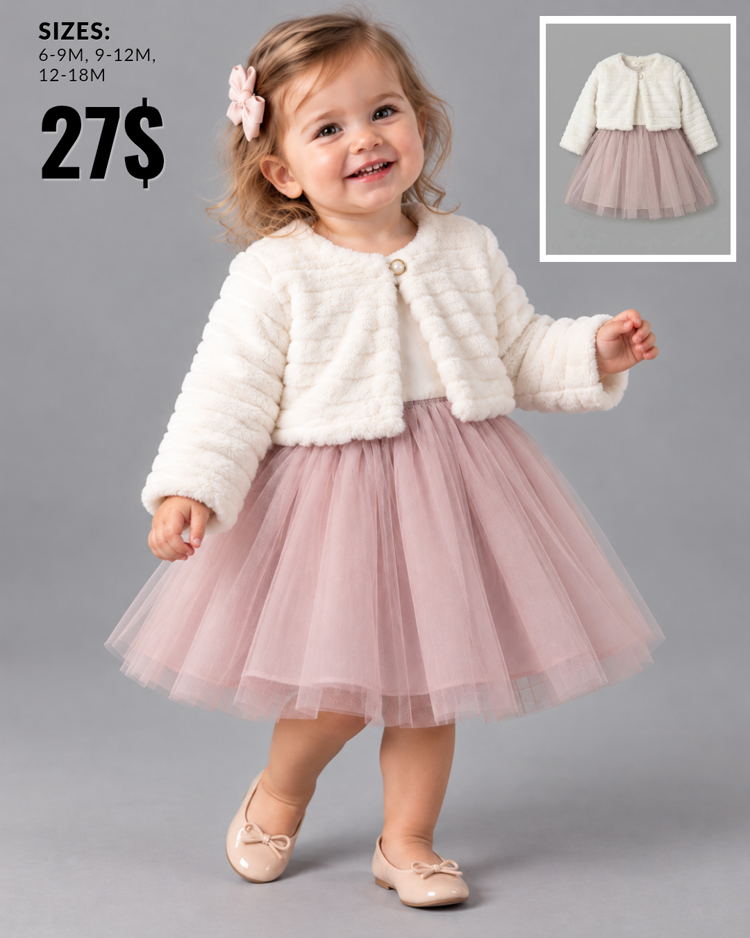 Cream Textured Jacket & Dusty Mauve Tulle Dress Set