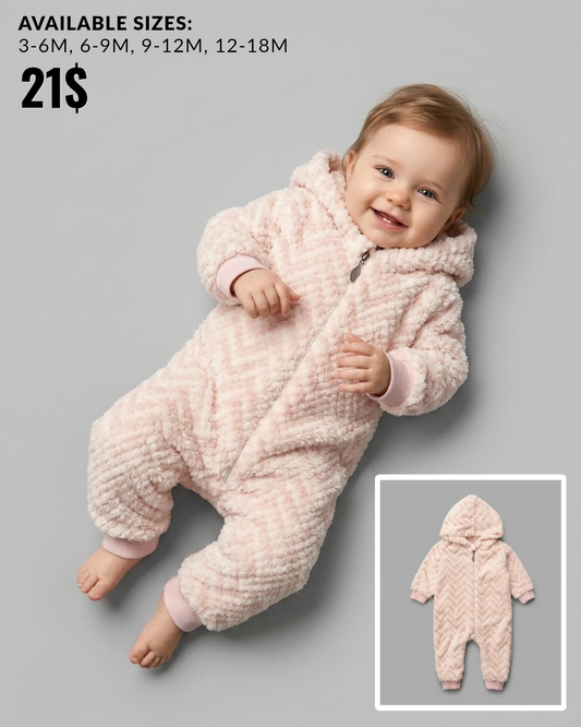 The Penelope Plush Chevron Hooded Zip Jumpsuit – Pink & Cream