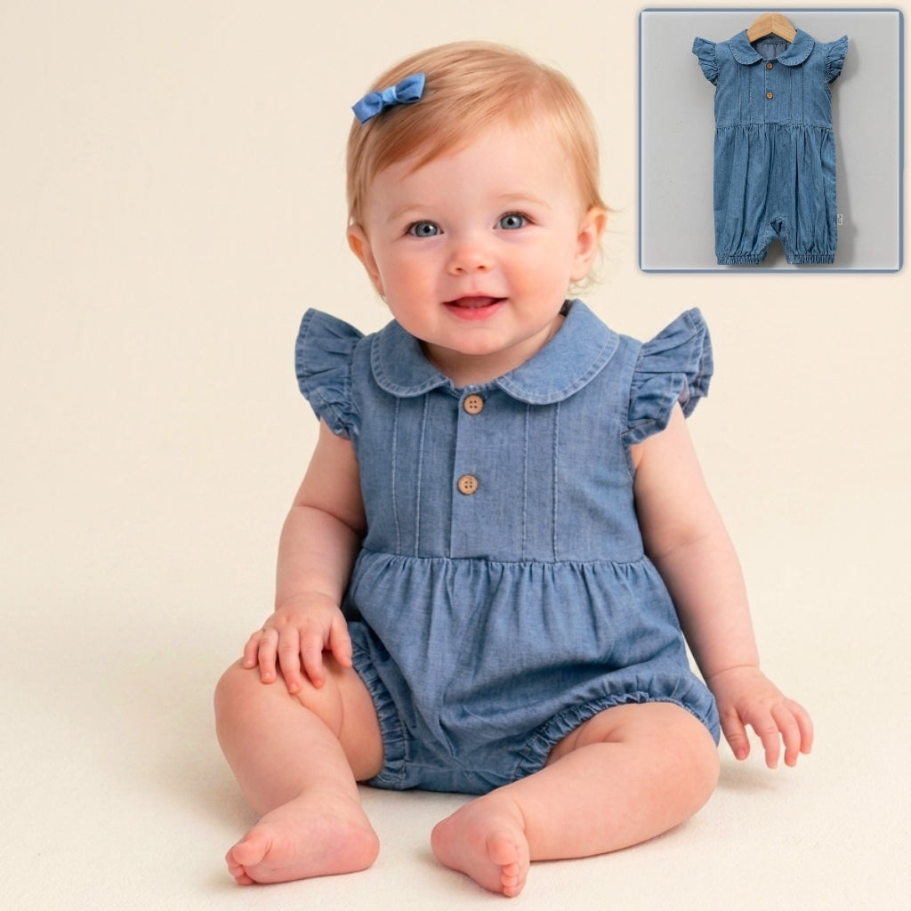 “Bluebell Charm” Baby Denim Romper – Ruffle Sleeve & Button Detail