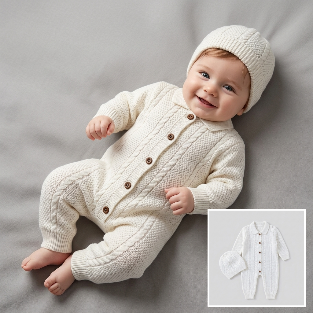 The Gabriel Collared Cable-Knit Romper & Bonnet Set – Crisp White