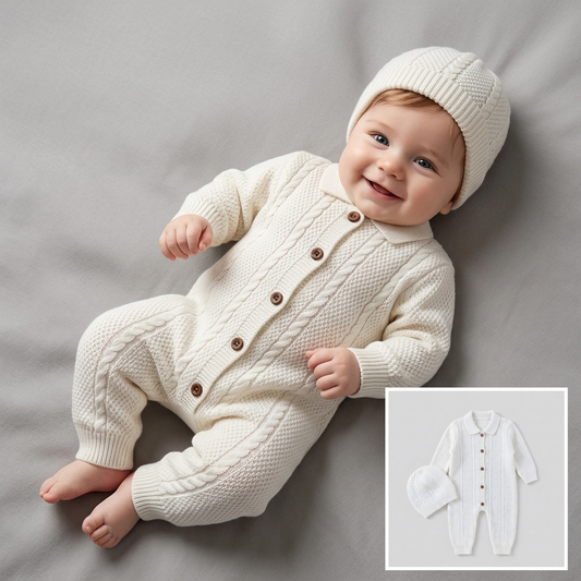 The Gabriel Collared Cable-Knit Romper & Bonnet Set – Crisp White