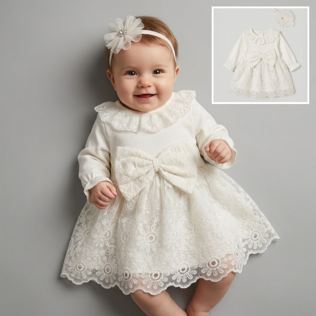 The Penelope Ruffled Lace Dress & Headband Set – Pure White