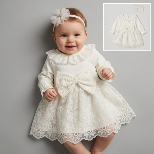 The Penelope Ruffled Lace Dress & Headband Set – Pure White