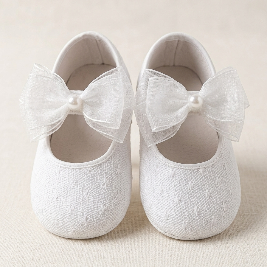 “Pearl Steps” Baby Shoes – White Lace & Bow