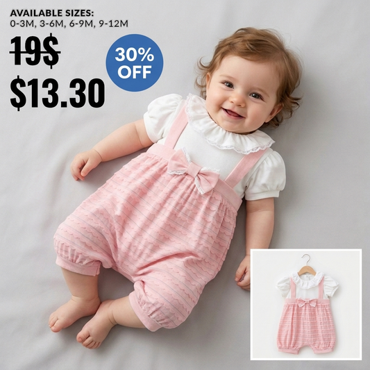 “Rosette Whispers” Baby Romper Set – Lace Collar & Bow Detail