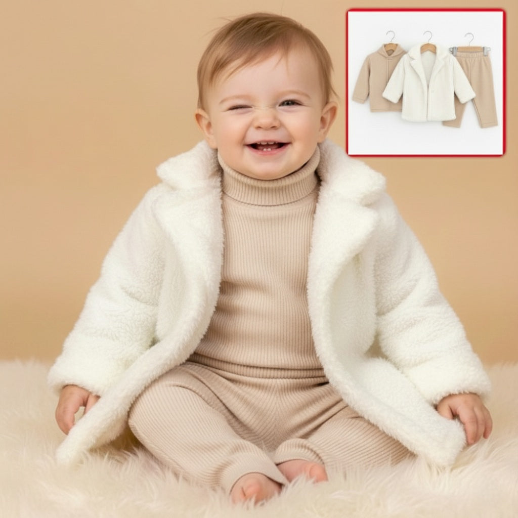 Beige & White Winter Baby Outfit – Ribbed Turtleneck, Textured Coat & Pants Set for Cold Weather