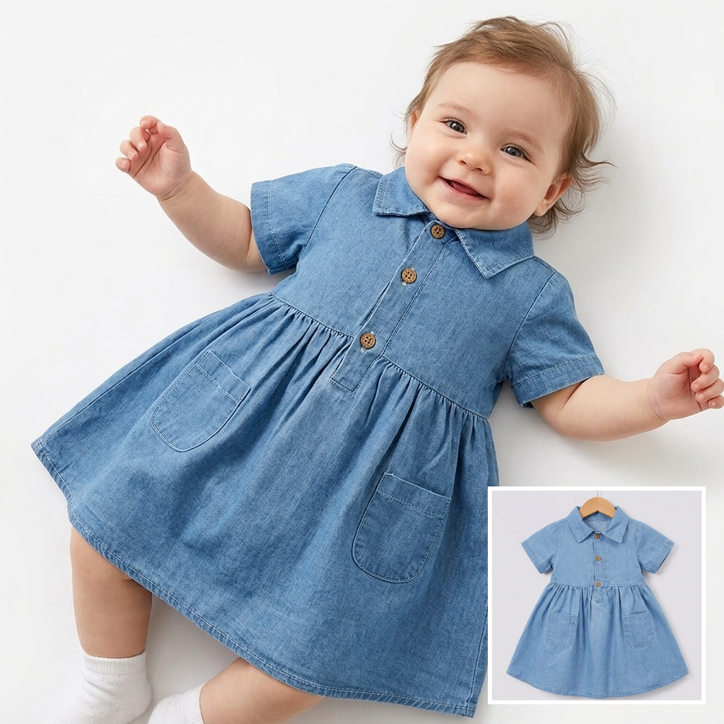 “Skyline Grace” Baby Denim Dress – Button Front & Pocket Detail