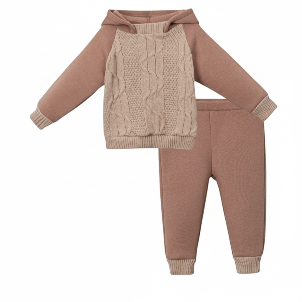 Cable Knit Outfit – Hooded Sweater & Ribbed Pants Set in Brown & Beige for Fall Comfort
