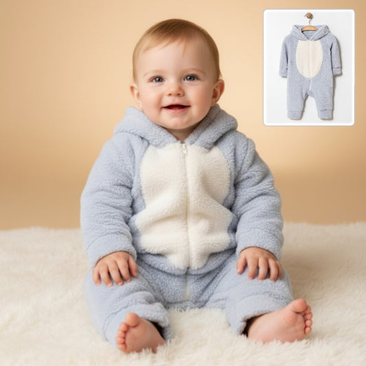 Gray Plush Baby Onesie – Hooded Animal-Inspired Bodysuit with Belly Patch & Zipper