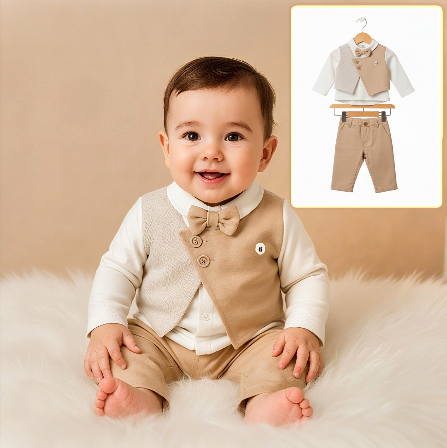 Baby Boy 3-Piece Formal Set – Beige Vest, Shirt & Pants Ensemble