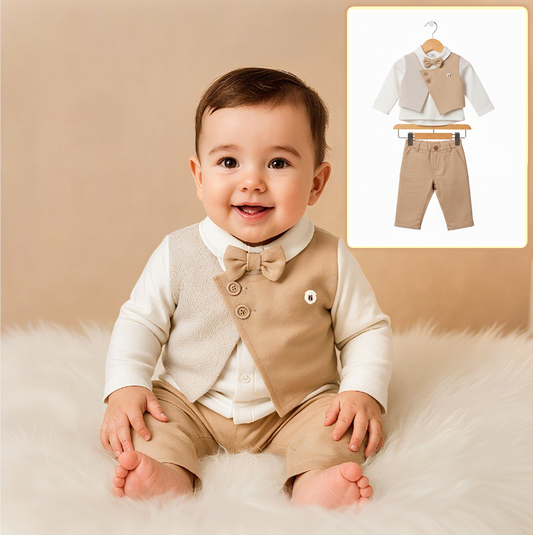 Baby Boy 3-Piece Formal Set – Beige Vest, Shirt & Pants Ensemble