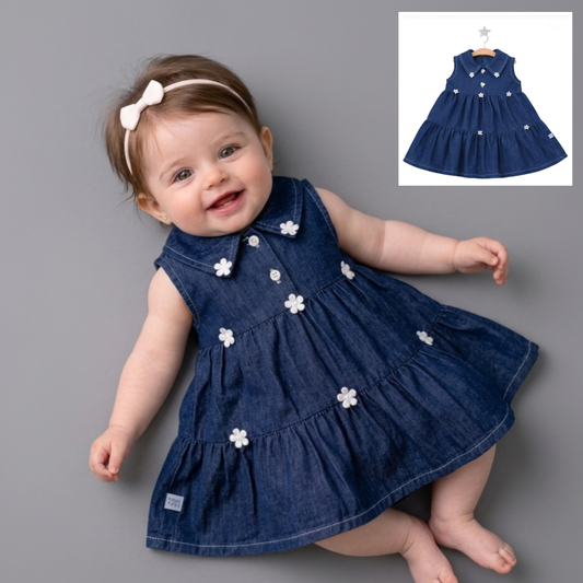 “Meadow Heart” Baby Denim Dress – Tiered Skirt & Floral Detail