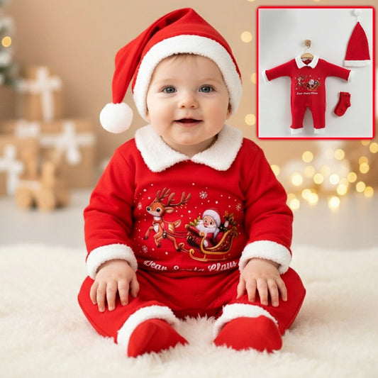Red “Dear Santa Claus” Baby Outfit – Christmas Onesie with Faux Fur Trim, Hat & Socks