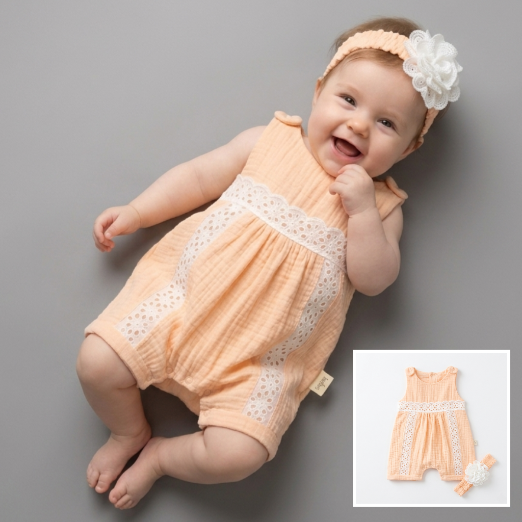 Peach Blossom Lace – Baby Girl Romper Set