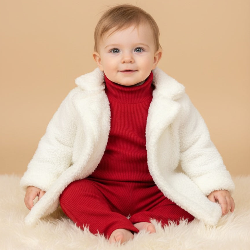 Red & White Winter Baby Outfit – Ribbed Turtleneck, Faux Fur Coat & Pants Set for Cold Weather