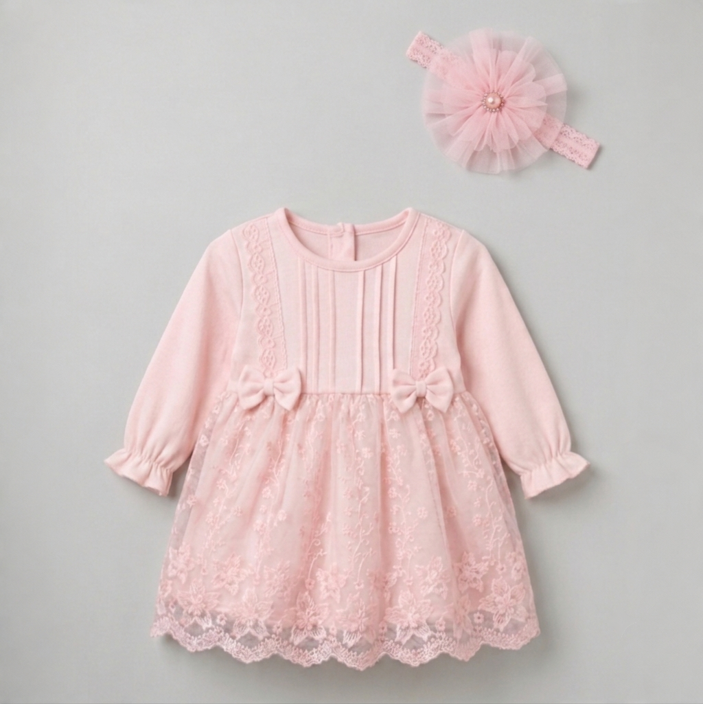 Elegance Pink Lace Baby Dress with Matching Headband Set