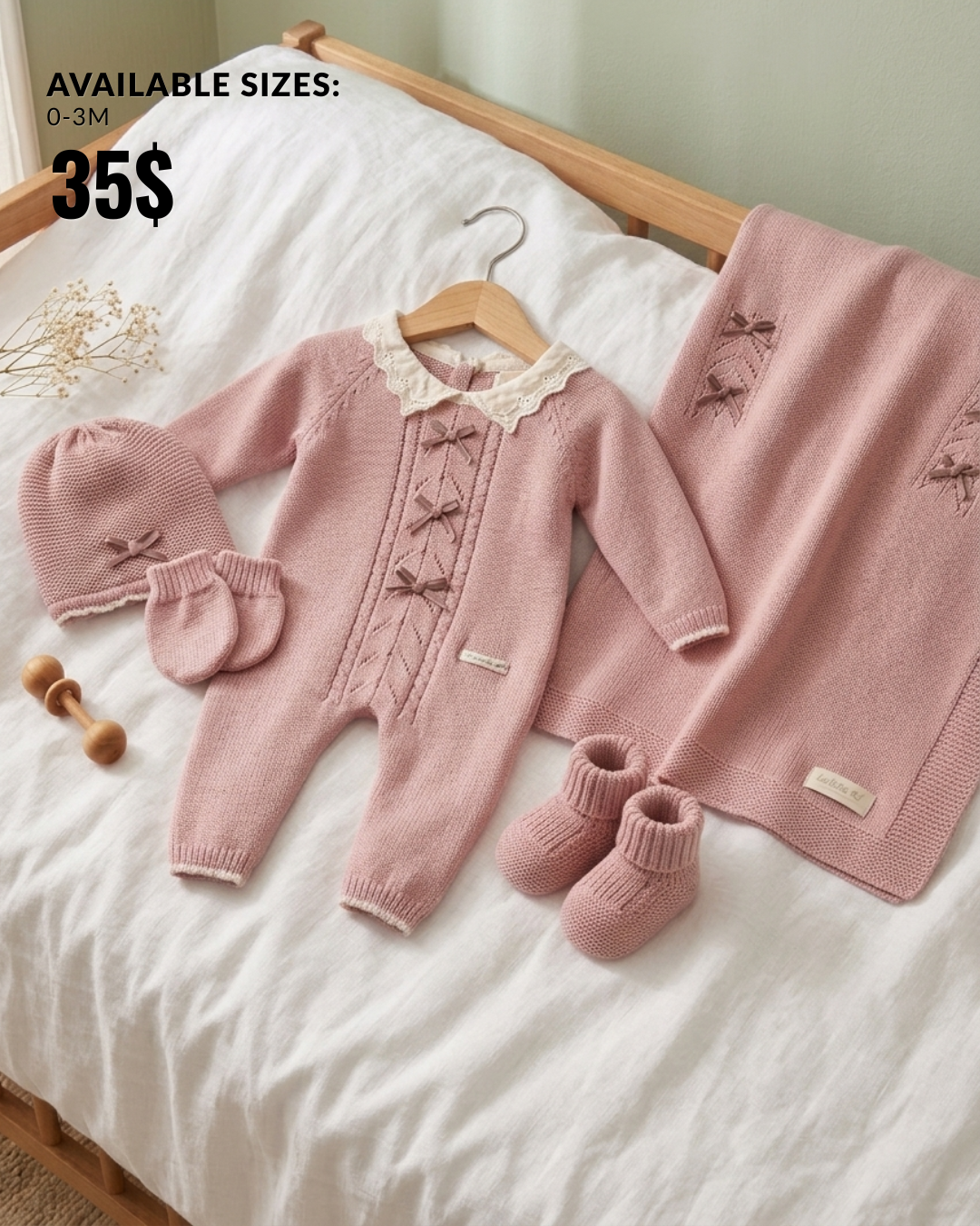 The Seraphine 5-Piece Lace Collar Knit Romper & Blanket Gift Set – Soft Pink
