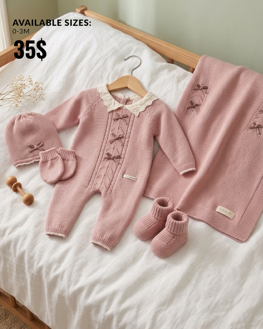 The Seraphine 5-Piece Lace Collar Knit Romper & Blanket Gift Set – Soft Pink