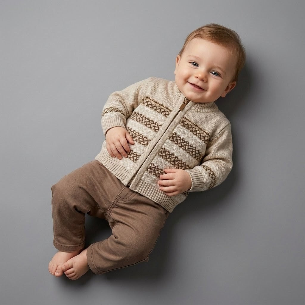 The Ezra 2-Piece Zip Cardigan & Pants Set – Cream & Brown