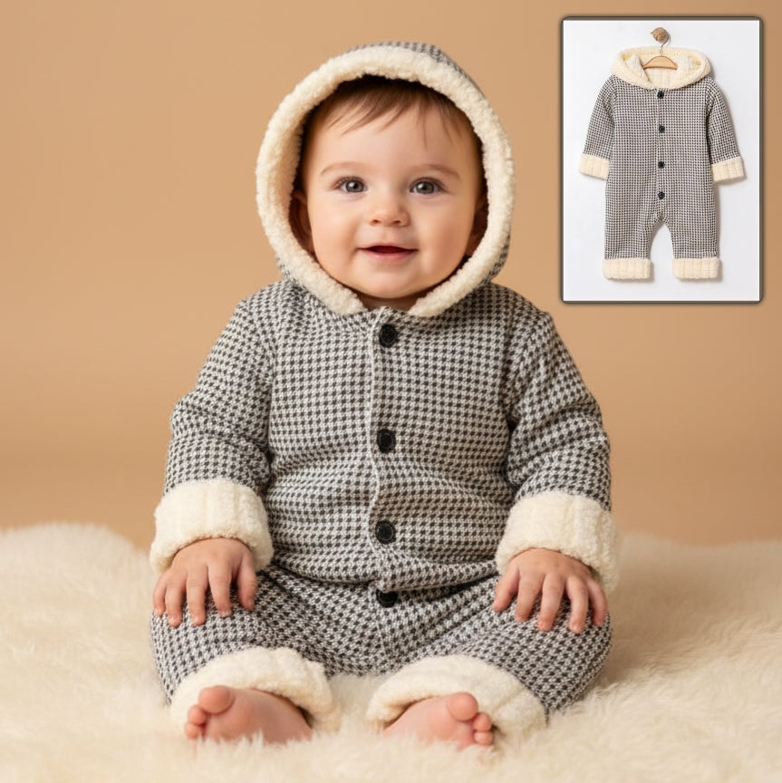 Houndstooth Baby Onesie – Hooded Winter Bodysuit with Faux Fur Trim & Button Closure