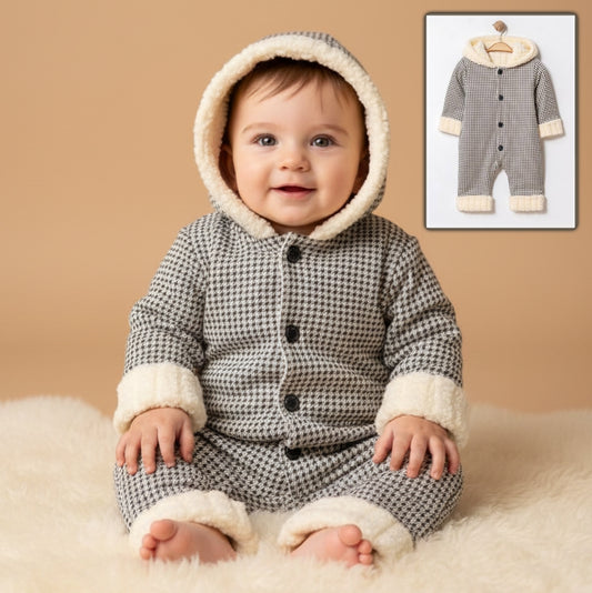 Houndstooth Baby Onesie – Hooded Winter Bodysuit with Faux Fur Trim & Button Closure