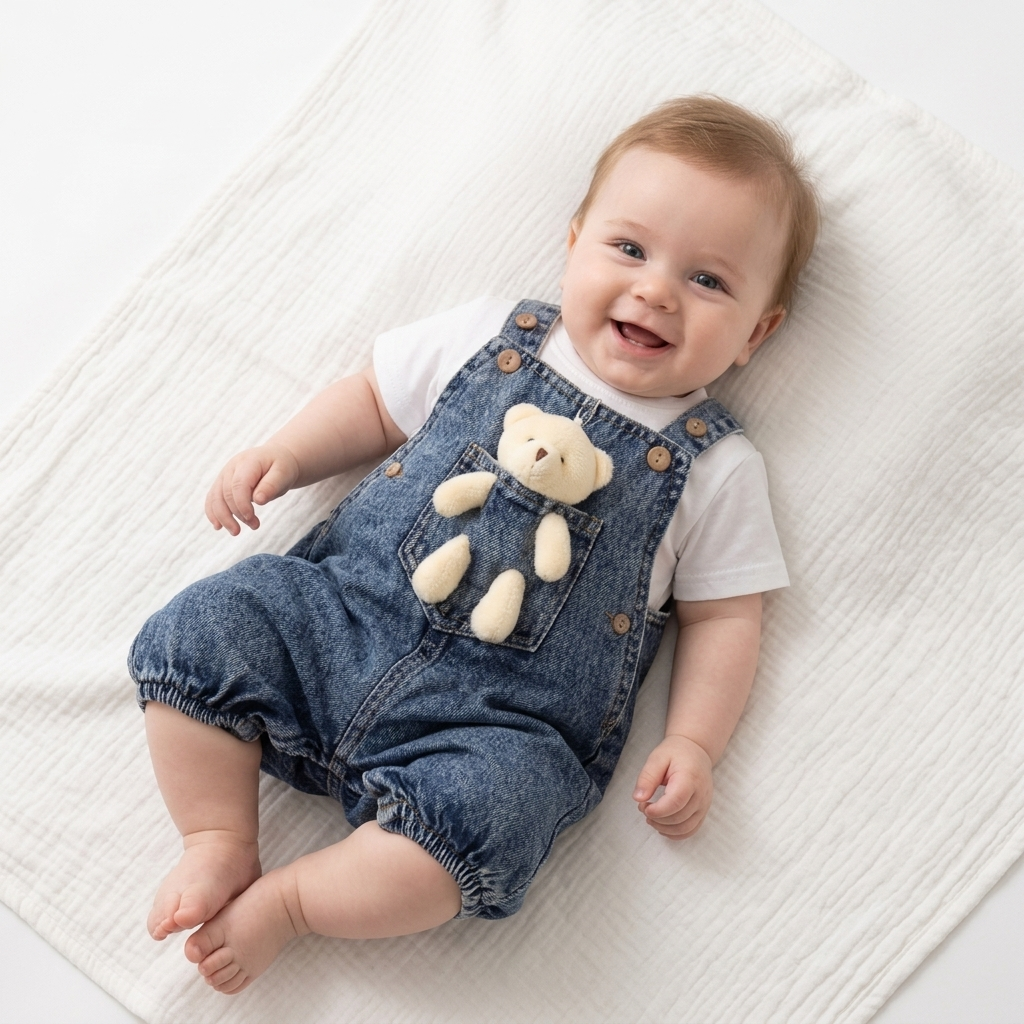 “Bear Tales” Baby Overall Set – Denim & Tee with Plush Friend